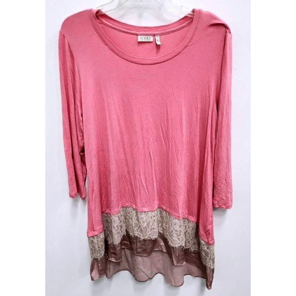 LOGO Lori Goldstein Tunic Top Womens XL Pink Lace Trim 3/4 Sleeve Boho Layered